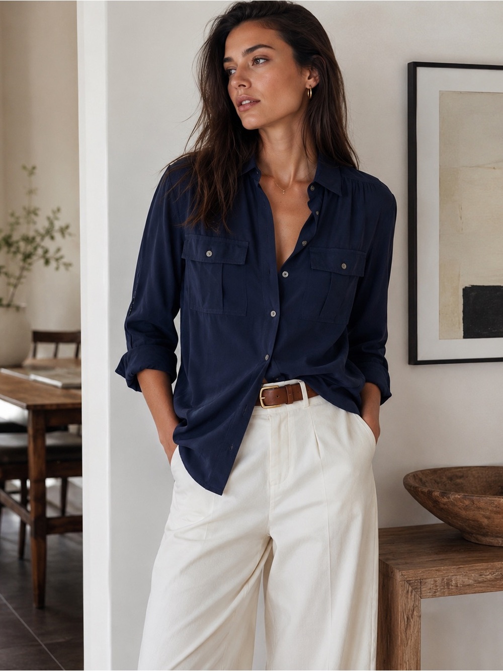 J.Crew ($200) 100% Silk Navy Button-Up Utility Blouse Size 6